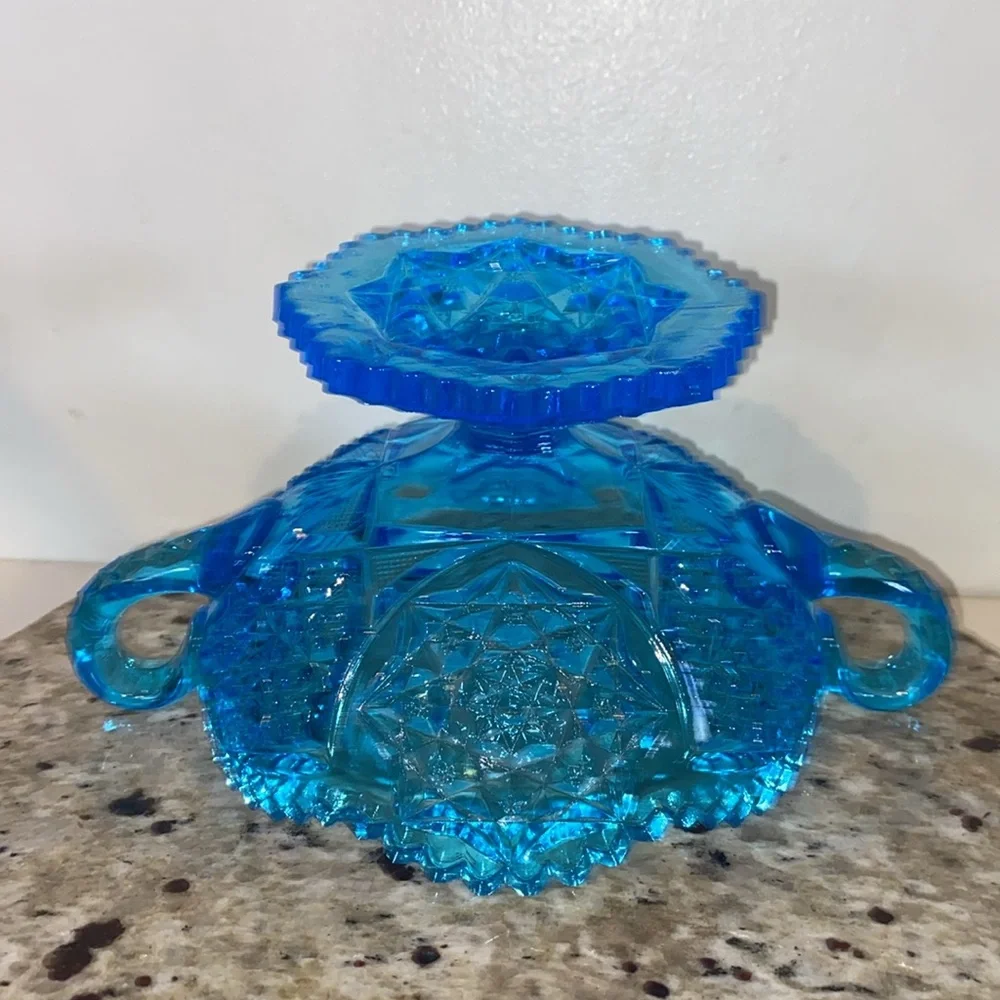 Vintage 1970s Kemple Wheaton Blue Glass Star Sawtooth Edge Handled Pedestal Bowl